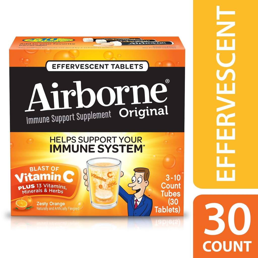 Vitamina C 1000 mg con vitaminas, minerales y equinácea sabor cítrico (naranja) 30 tabletas efervescentes Airborne
