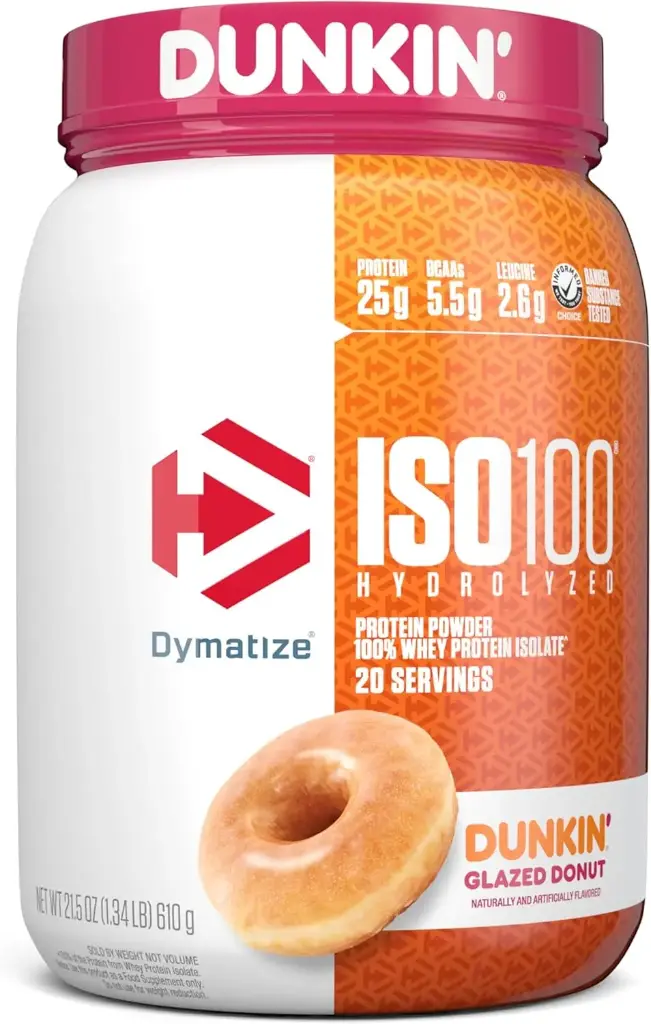 Proteína aislada ISO100 25 g sabor dona glaseada Dunkin’ 20 servicios DYMATIZE