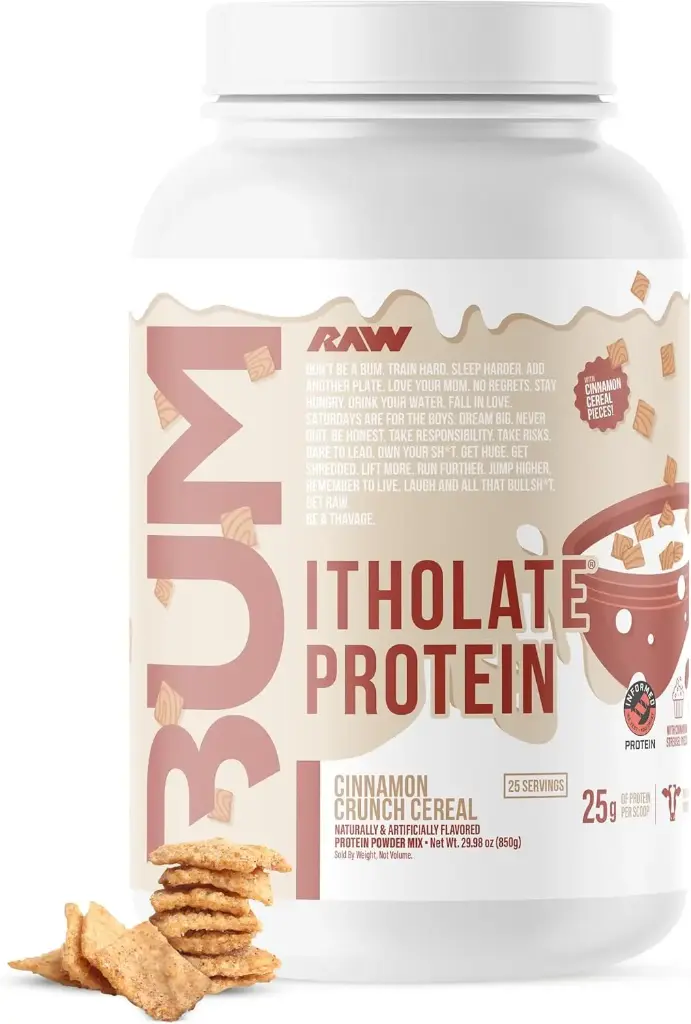 Proteína aislada CBUM Itholate 25 g sabor cereal crujiente de canela 25 servicios RAW